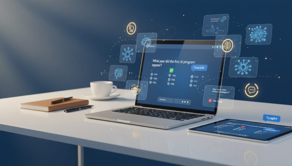 Modern digital interface with AI-powered quiz on sleek laptop, holographic elements, deep blue and golden yellow theme.