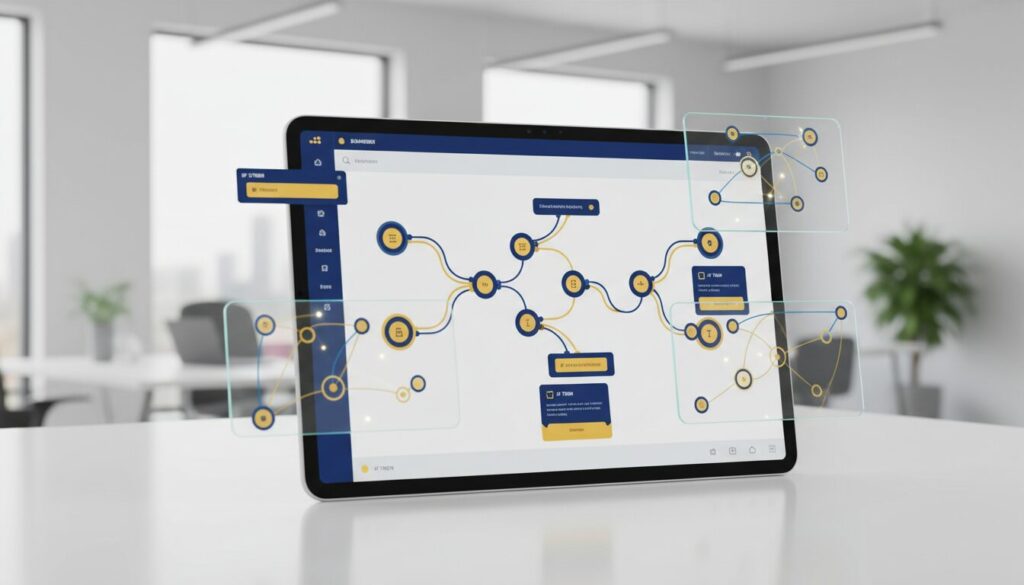 Modern digital learning interface with adaptive pathways, blue and yellow nodes.