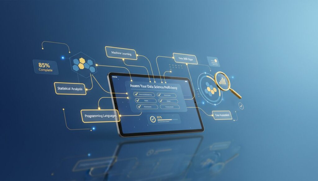 Modern digital quiz interface on tablet with neural pathways, data graphs, and glowing nodes in blue and gold tones.