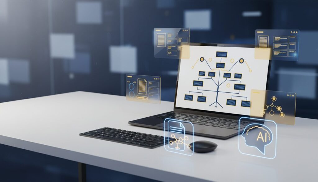 Modern digital workspace with laptop, holographic UI, floating icons, blue-yellow glow.