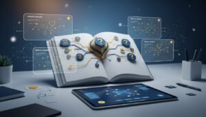 Modern digital workspace with notebook showing complex thought bubbles, sleek tablet with AI interface, deep blue and golden yellow accents, soft gradient background, and minimalist desk setup.