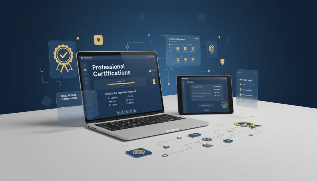 Modern digital workspace with sleek laptop, tablet displaying quiz interfaces, holographic UI elements in blue and yellow.