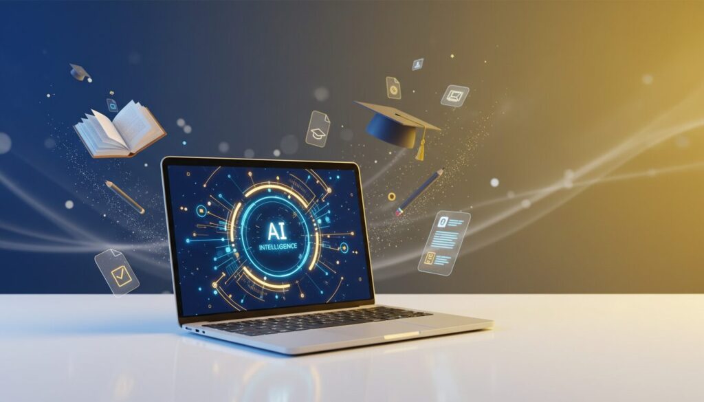 Modern ed-tech scene with laptop, AI interface, and floating holographic educational icons.