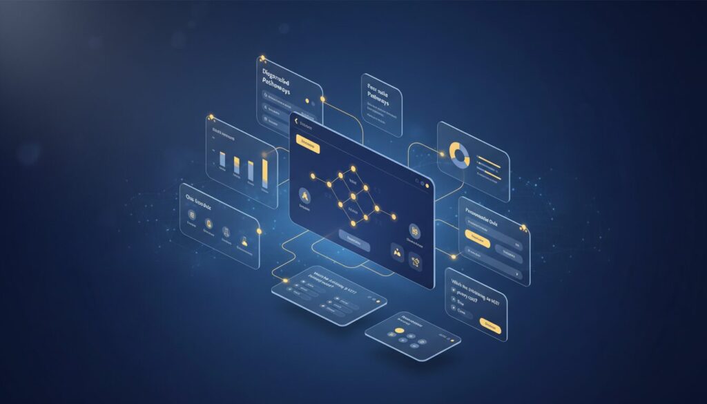 Modern EdTech interface with floating quiz elements, personalized pathways, deep blue gradient, golden highlights.