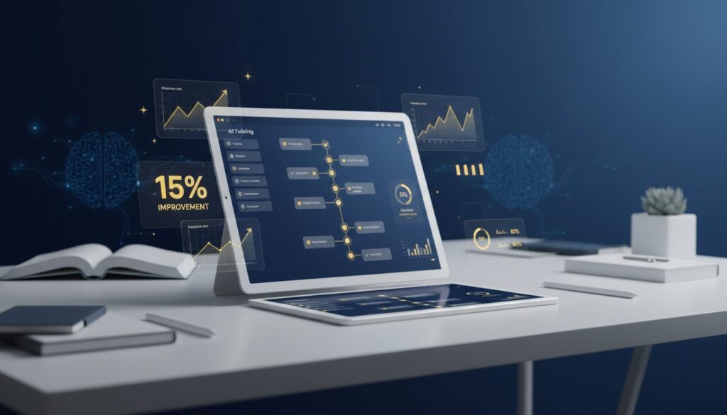 Modern educational scene with AI tutoring on tablet, academic elements, and neural patterns.