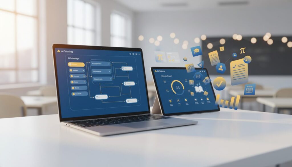 Modern educational tech scene with AI tutoring on laptop and tablet, colorful 3D elements, classroom bokeh.