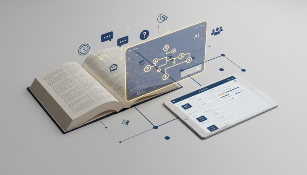 Modern educator's workspace with textbook transforming into holographic AI interface.