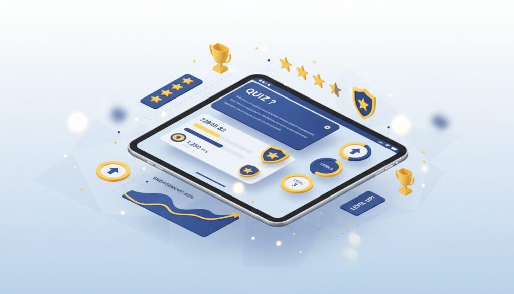 Modern isometric quiz interface with glowing elements, tablet display, blue and yellow color scheme.