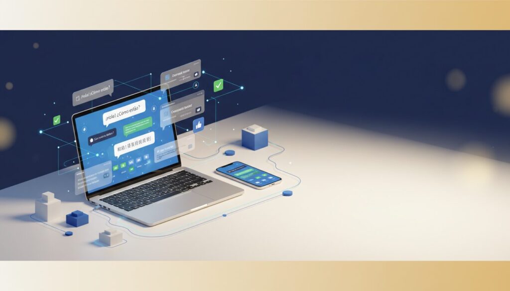 Modern language learning scene with laptop, smartphone, and floating holographic elements.