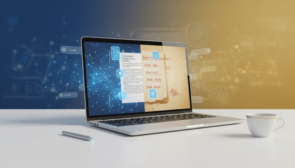 Modern laptop with AI feedback and handwritten corrections on a split-screen, on a white desk.