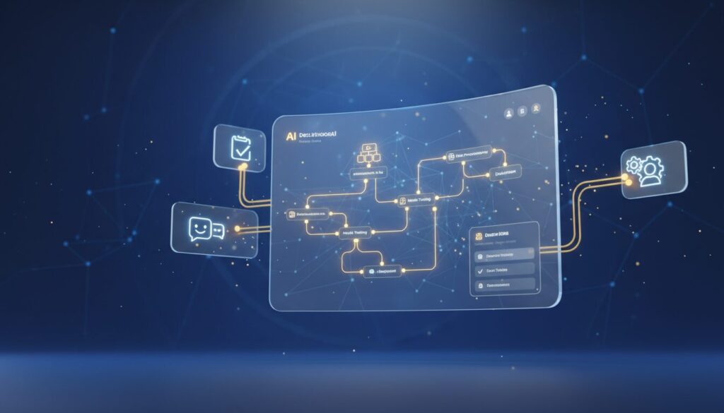 Modern no-code AI platform interface with glowing nodes, decision trees, and 3D cards on a blue gradient.