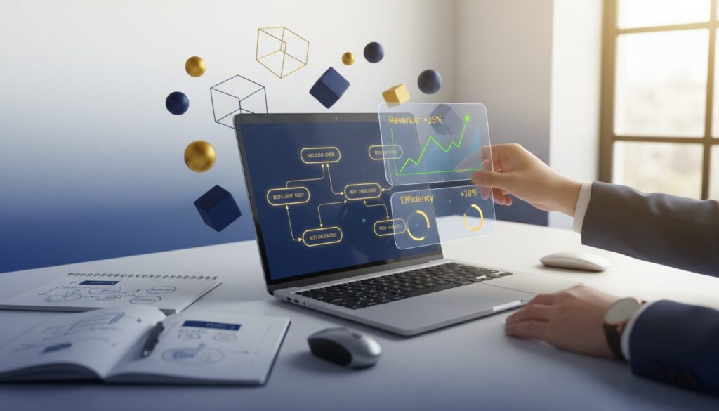 Modern office desk with laptop showing no-code AI interface, floating data panels, warm lighting.