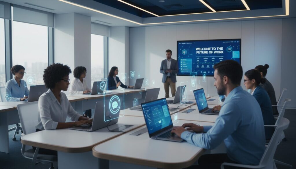 Modern office with AI onboarding, diverse employees at laptops, holographic progress displays.
