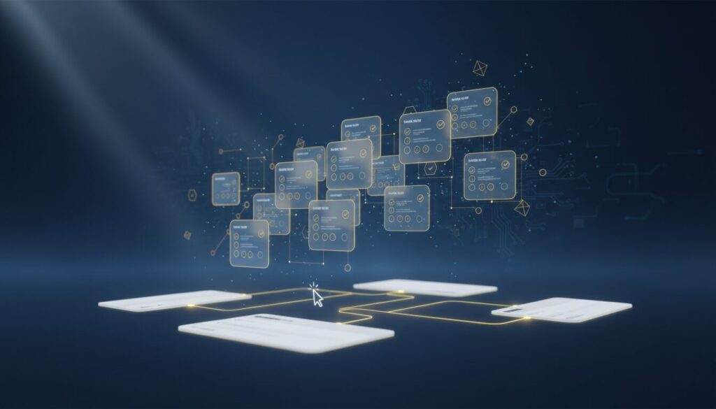 Modern quiz interface with holographic cards, blue and gold accents, AI workflow hints.