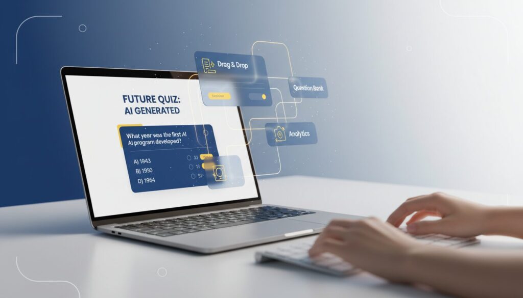Modern workspace banner with AI quiz interface on laptop, deep blue and golden accents, hands on keyboard.
