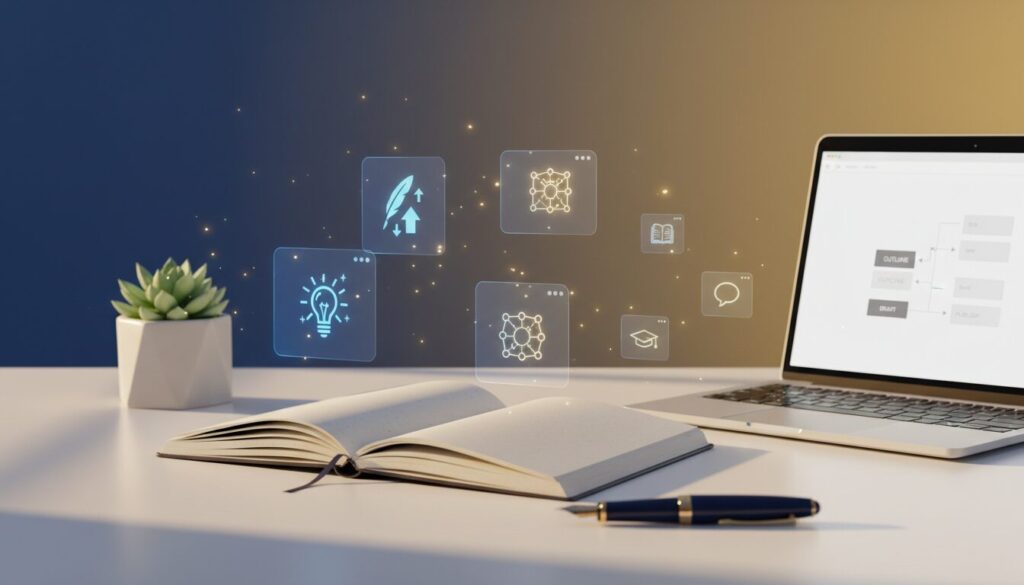 Modern workspace with a notebook, pen, floating AI icons, laptop, warm lighting, and a potted plant.