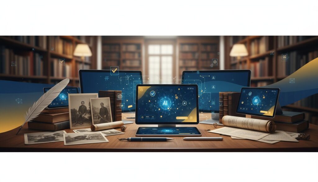 Modern workspace with AI tablet, vintage photos, books, quill-stylus, tech-scholarly blend.