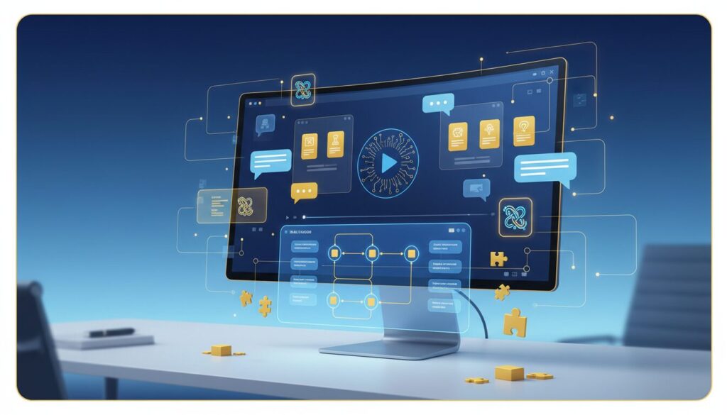 Modern workspace with curved monitor, interactive UI, blue and gold theme, tech-forward design.