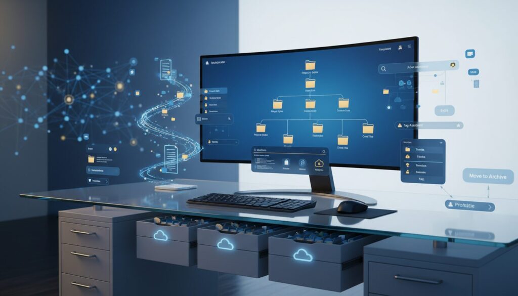 Modern workspace with digital knowledge base, holographic UI, and AI search features.