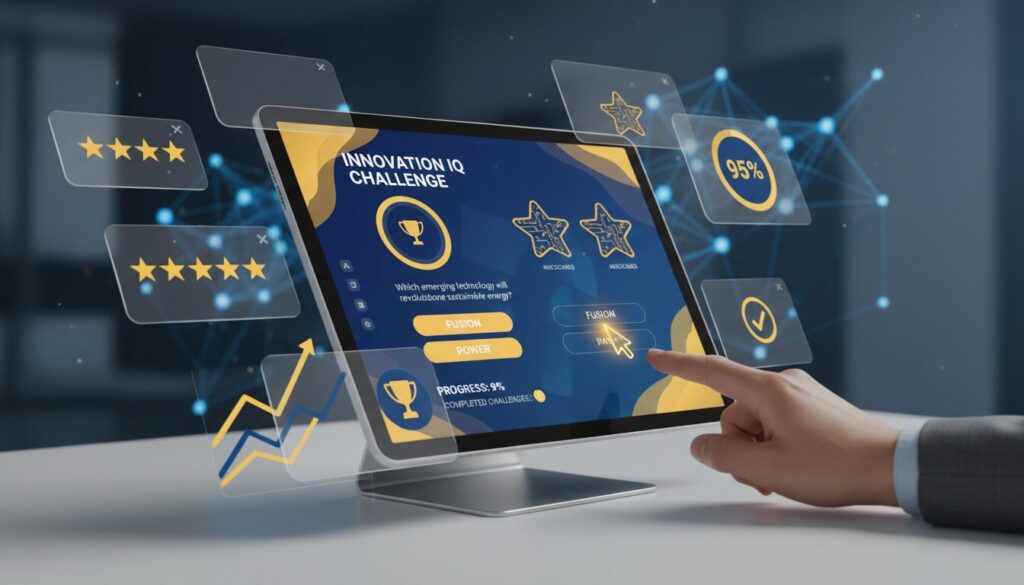 Modern workspace with gamified digital quiz on laptop, interactive UI, neural network backdrop.