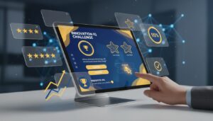 Modern workspace with gamified digital quiz on laptop, interactive UI, neural network backdrop.