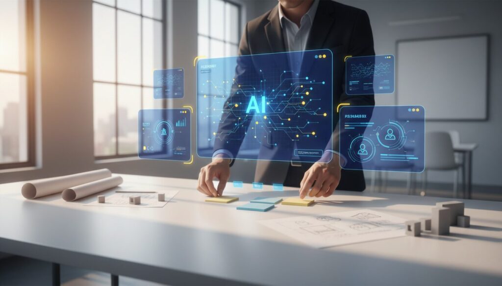 Modern workspace with holographic AI interface, designer interacting with digital screens and sticky notes, warm lighting.