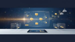 Modern workspace with holographic interface, curriculum nodes, golden light, and digital documents.