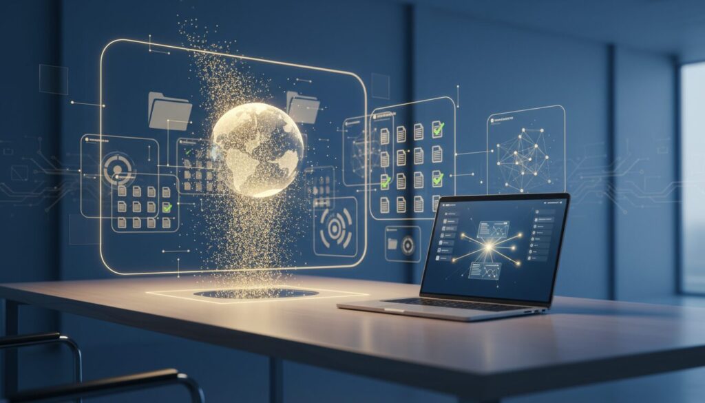 Modern workspace with holographic knowledge base, glowing data streams, and ambient blue lighting.