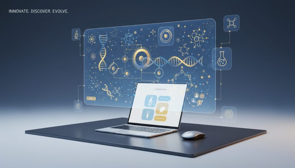 Modern workspace with holographic scientific elements, laptop displaying science chatbot, smooth gradients, and glowing lines.
