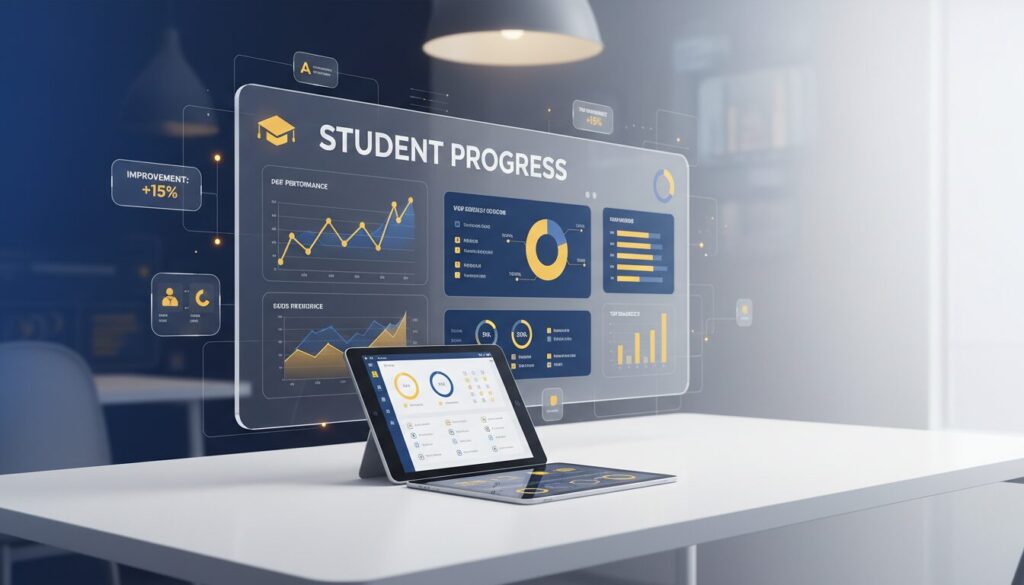 Modern workspace with interactive dashboard showing quiz analytics, charts, and sleek tablet.