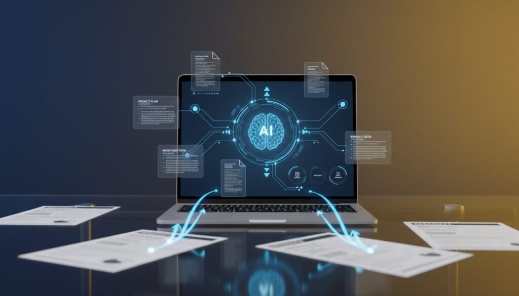 Modern workspace with laptop displaying AI dashboard, floating document icons, and holographic arrows.
