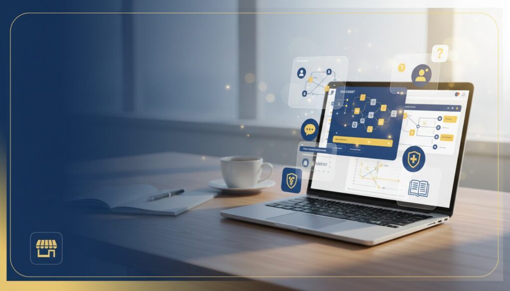 Modern workspace with laptop showing AI interface, holographic UI, diverse business icons, warm lighting.