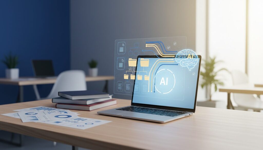 Modern workspace with laptop showing AI interface, holographic documents, and data streams.