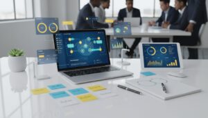 Modern workspace with laptop showing blue and yellow dashboard, tablet, sticky notes, and notebook on white desk.