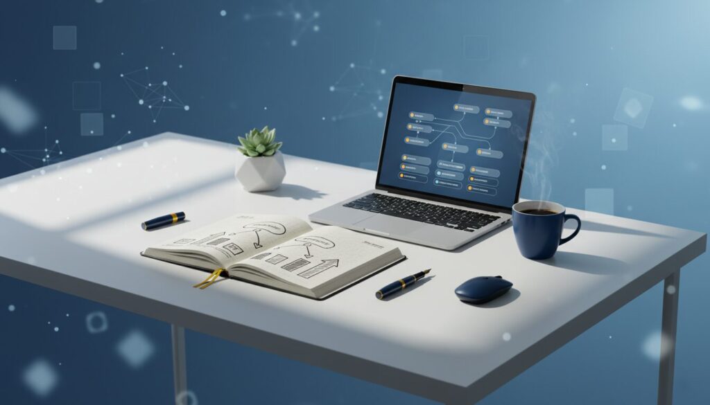 Modern workspace with open journal, laptop, and blue coffee cup on white desk, soft light.