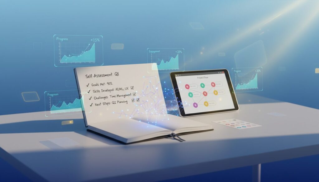 Modern workspace with open notebook, AR graphs, tablet, and warm lighting.