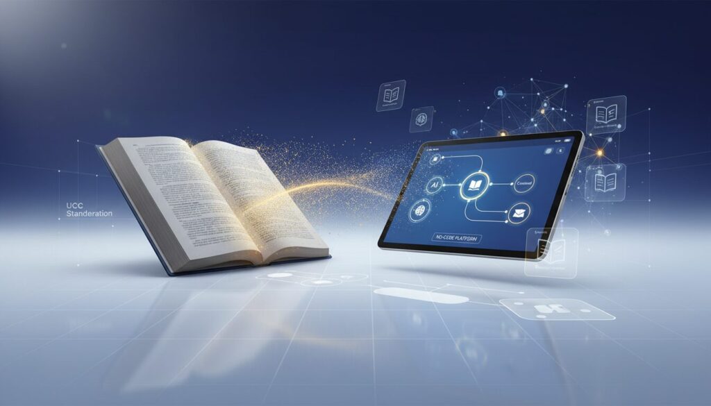 Modern workspace with textbook transforming into digital data, AI nodes, holographic icons, deep blue and gold hues.