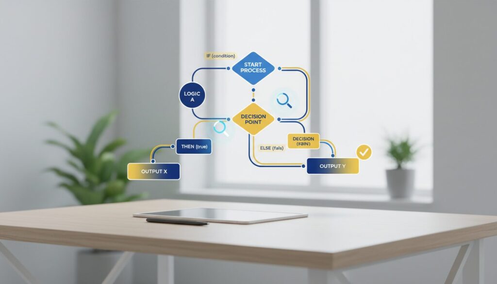 Professional workspace with a sleek digital flowchart in blue and yellow, featuring nodes, decision paths, and tech tools.