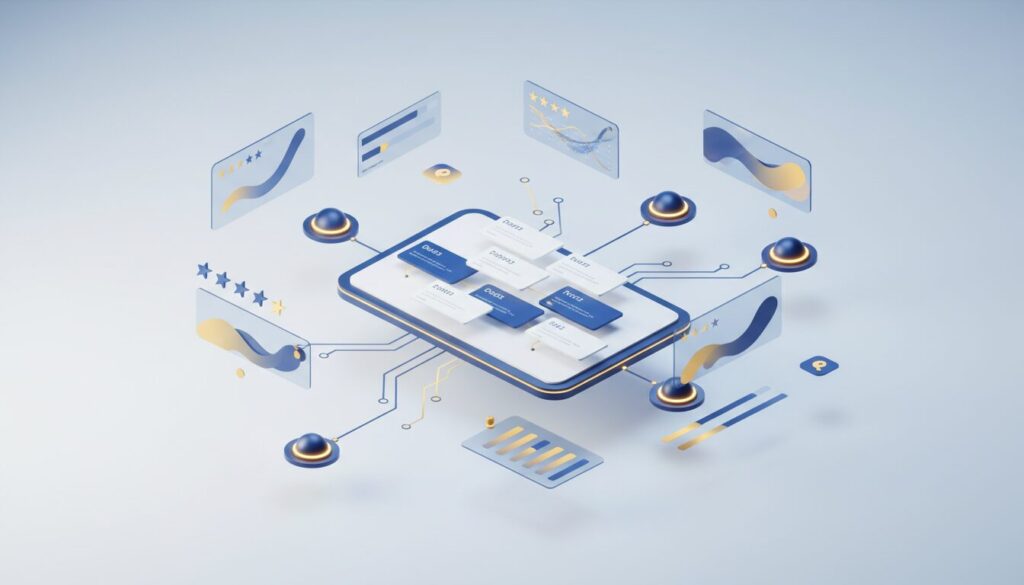 Sleek 3D isometric quiz platform interface with adaptive pathways, floating elements, and gradient curves.