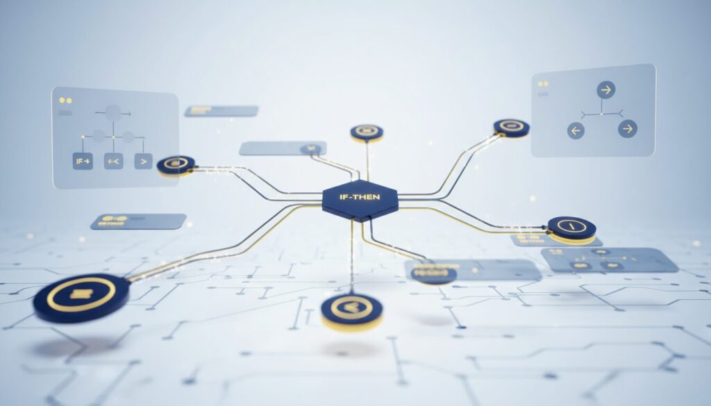 Sleek digital flowchart with 3D IF-THEN nodes, deep blue and golden yellow, tech-forward aesthetic.