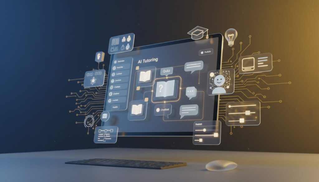 Sleek digital interface for AI tutoring app with holographic tablet, educational icons, and warm lighting.