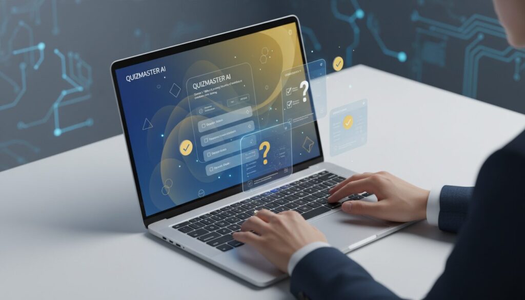 Sleek laptop with interactive quiz interface, deep blue and golden yellow hues, hands typing, circuit board patterns in background.