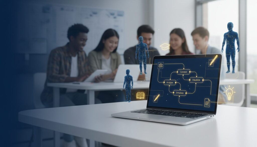 Sleek laptop with no-code interface, AI icons, and educational symbols on a modern desk.