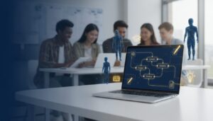 Sleek laptop with no-code interface, AI icons, and educational symbols on a modern desk.