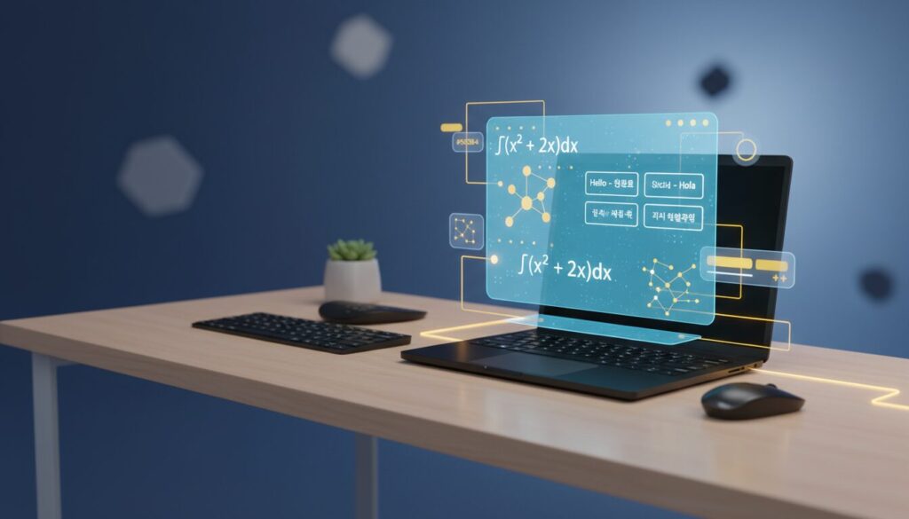 Sleek workspace with holographic AI tutor, math, science, language panels, deep blue tones.