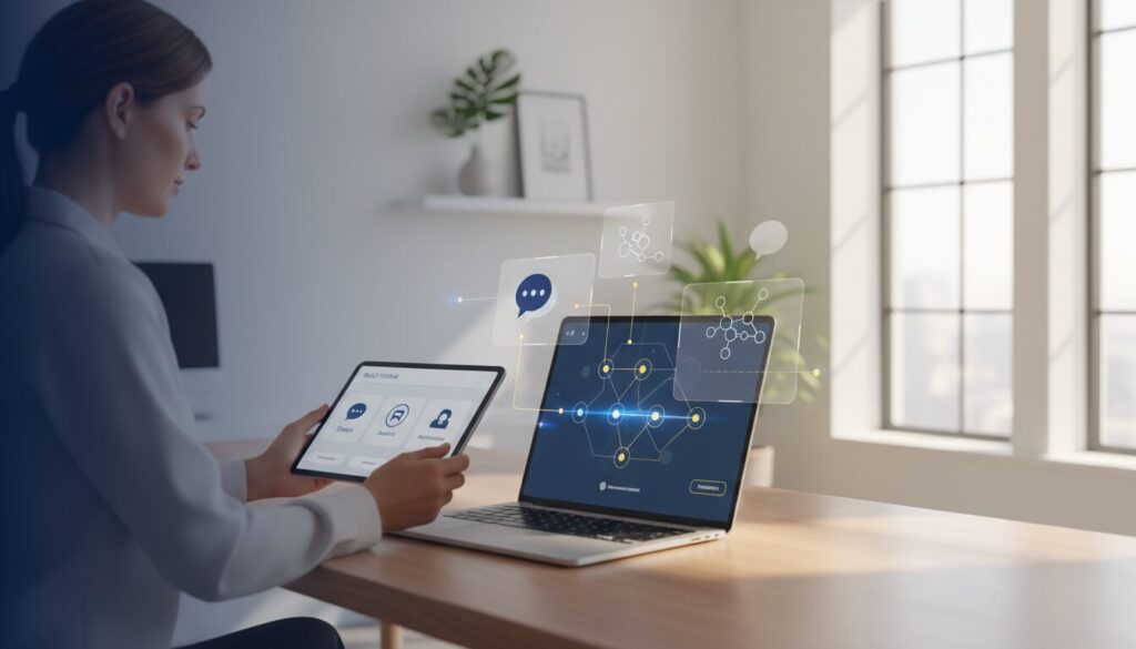 Small business owner using tablet with AI interface in modern workspace, sleek tech elements.