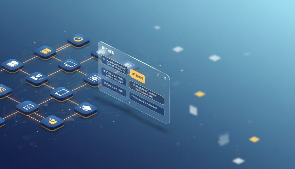 Sophisticated digital learning flowchart with glowing pathways and decision nodes, sleek interface, AI-inspired design.
