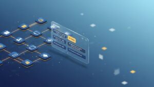 Sophisticated digital learning flowchart with glowing pathways and decision nodes, sleek interface, AI-inspired design.