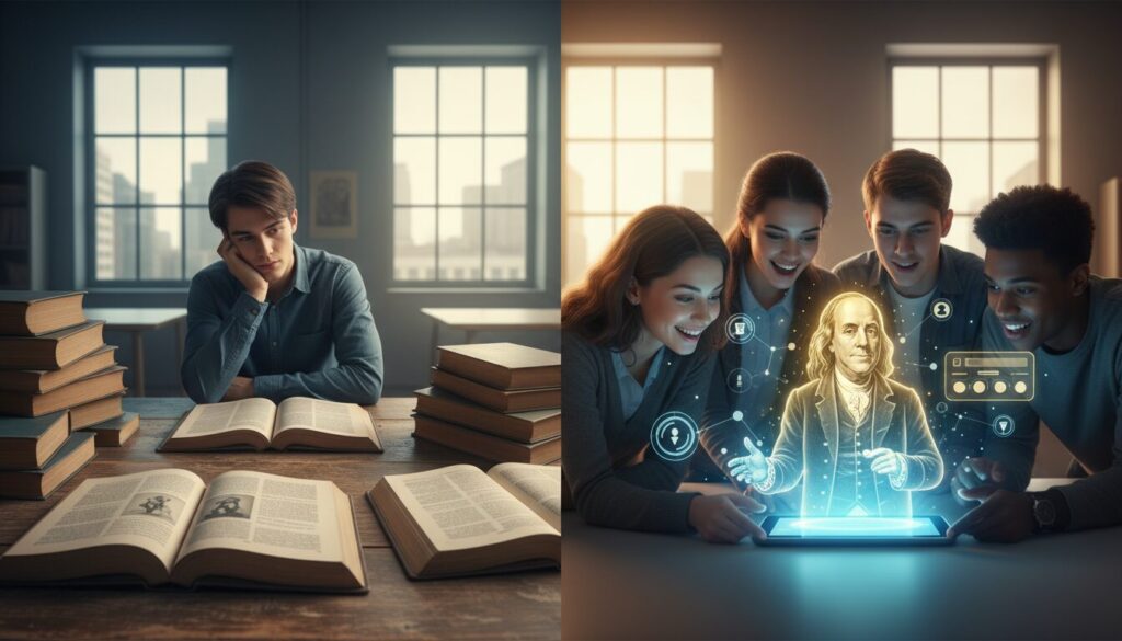 Split classroom scene: vintage textbooks vs. interactive AI hologram of Benjamin Franklin.