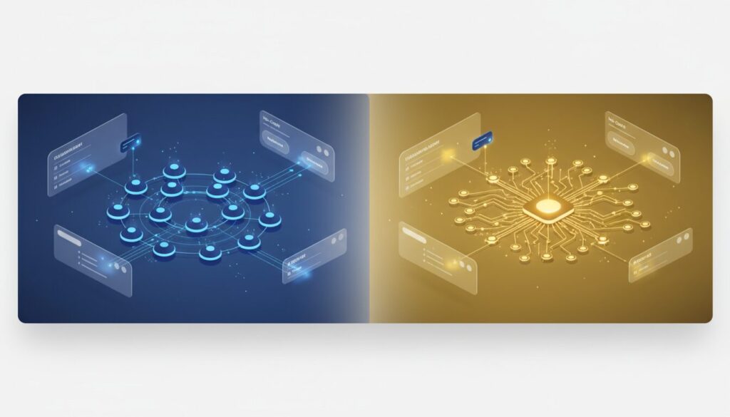 Split-screen AI interface: left blue node hub; right yellow expert node with pathways.